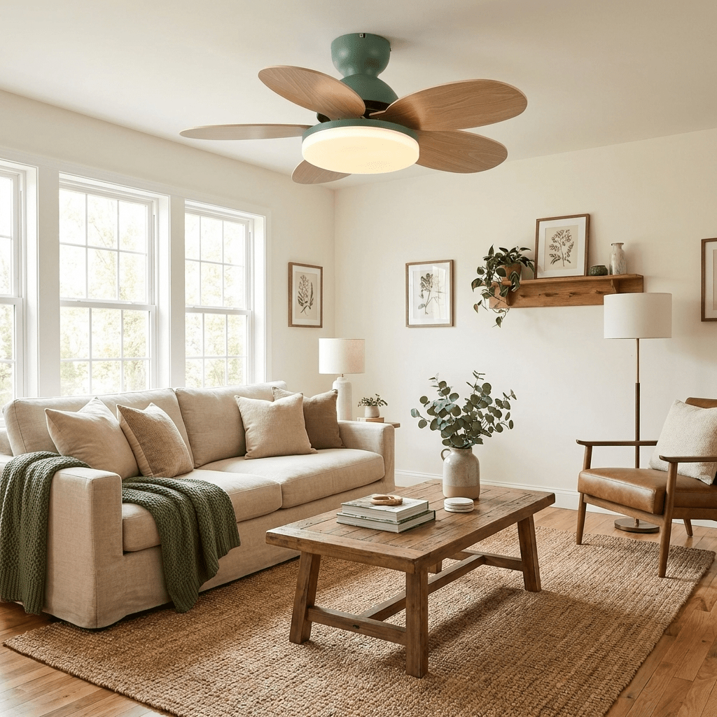 Petal-inspired ceiling fan with white acrylic shade detail