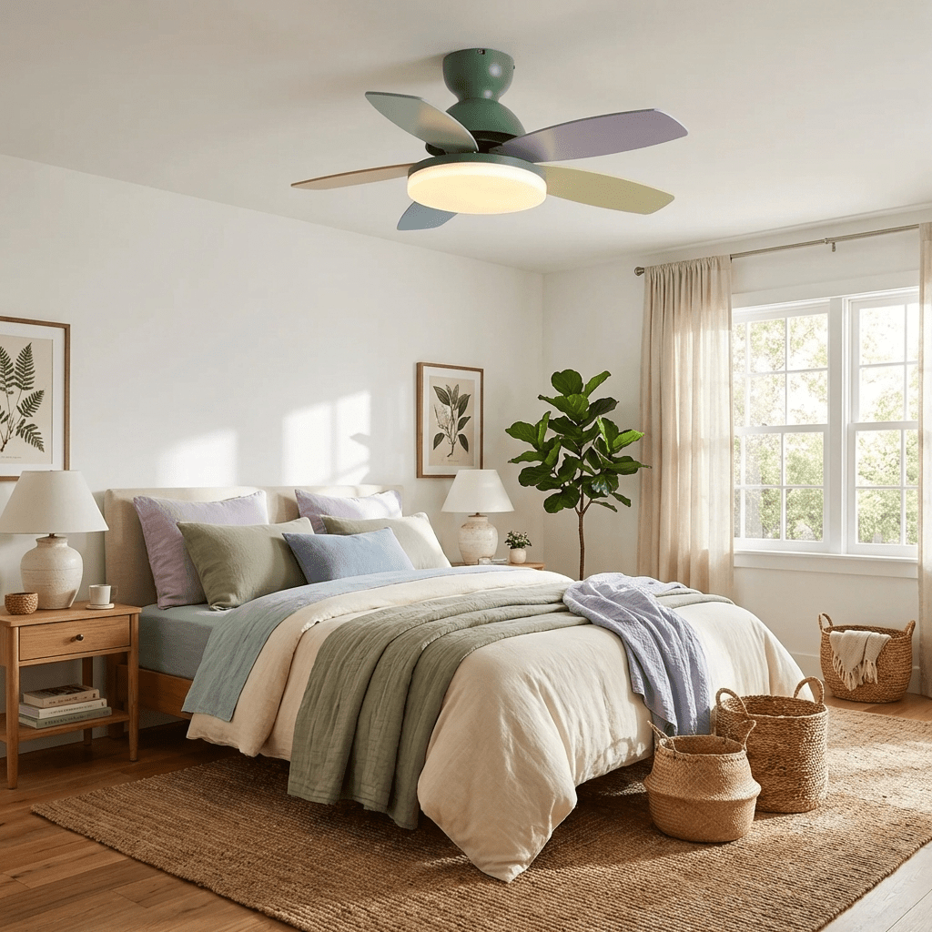 Curved blade ceiling fan with integrated warm light