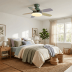 Curved blade ceiling fan with integrated warm light