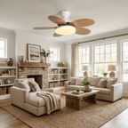 Six wooden blades fanning out from a central light fixture