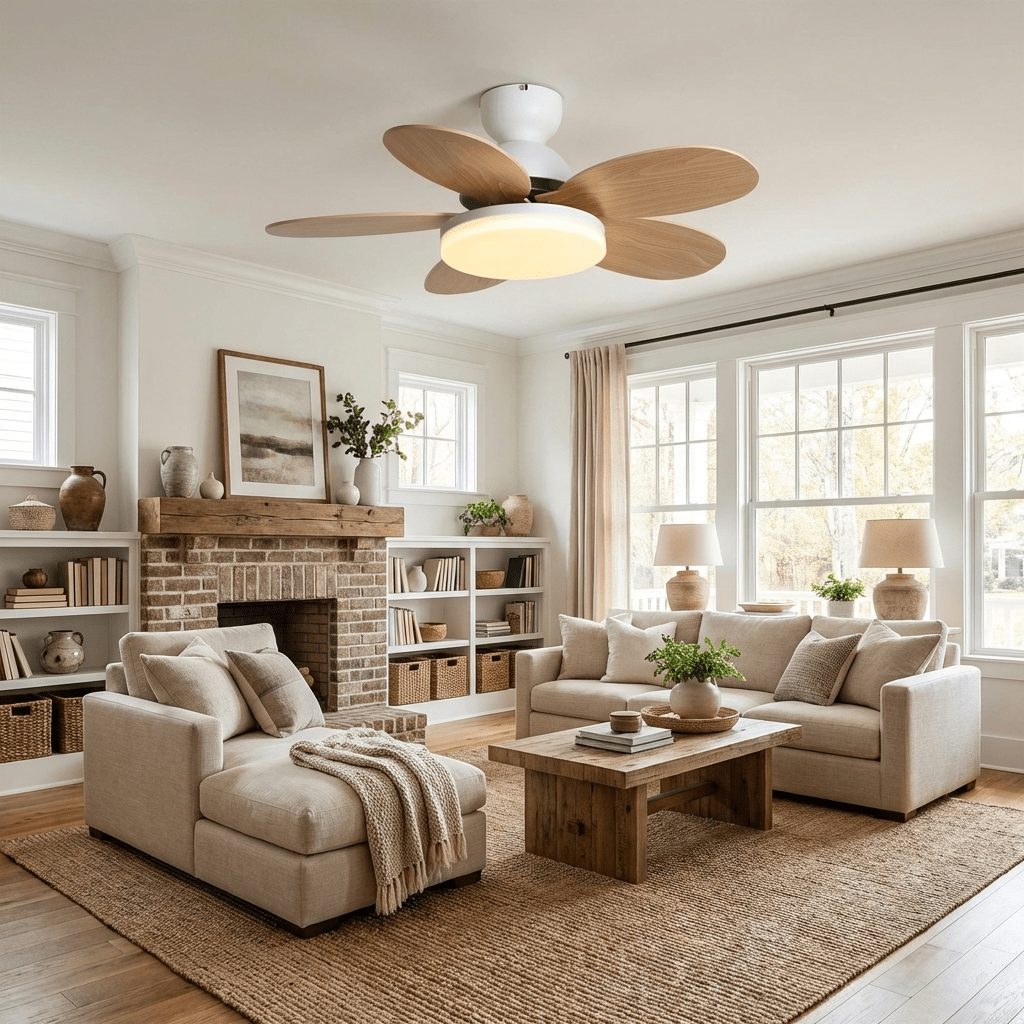 Six wooden blades fanning out from a central light fixture