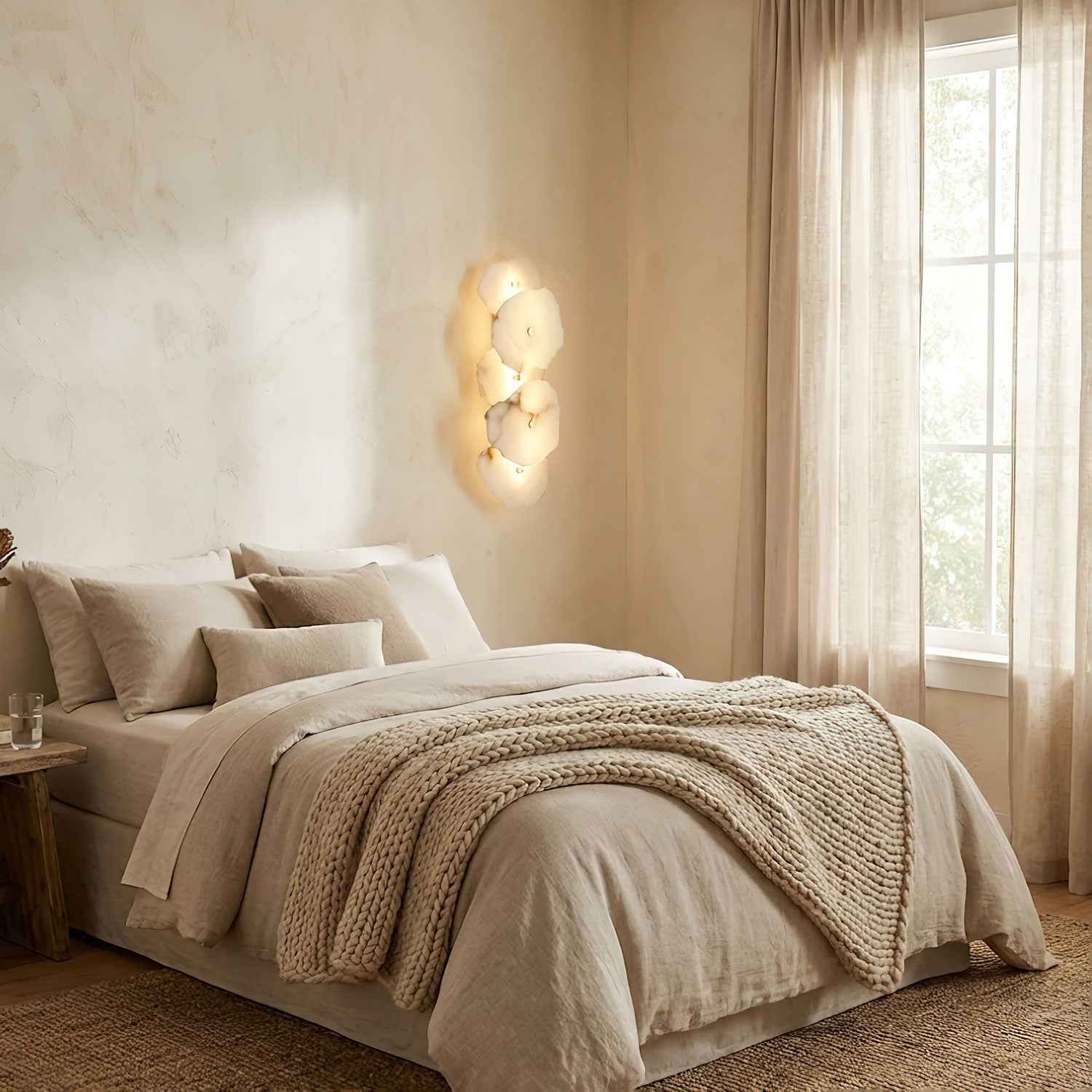 Genuine alabaster wall sconce with gold finish lit softly
