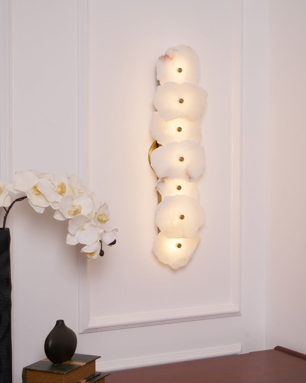 Alaeila alabaster wall light lit on a panelled wall, brass mounting bar just visible behind.