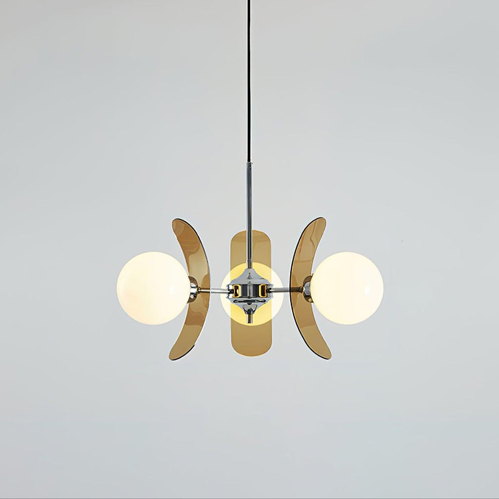 Sputnik chandelier with iron arms and warm glass shades