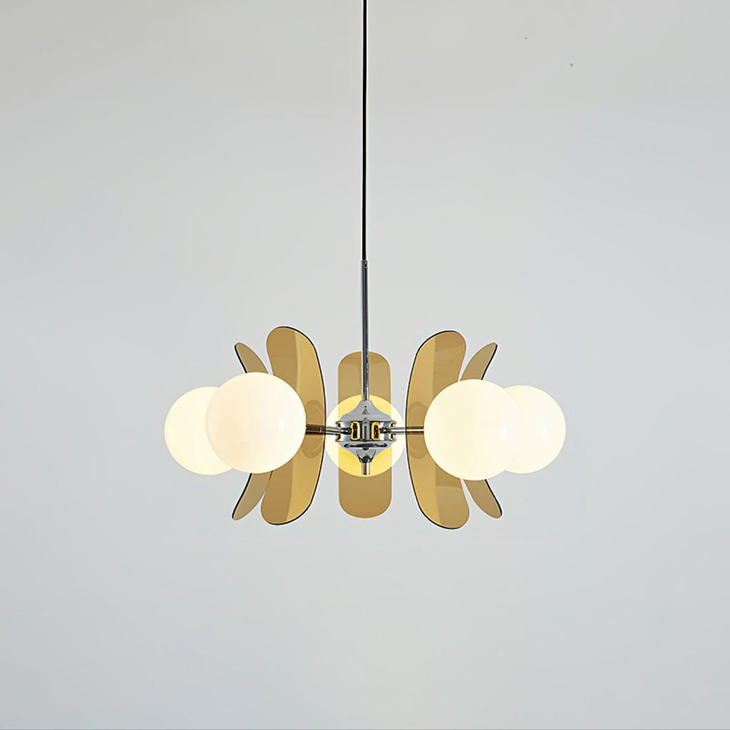 Iron Sputnik chandelier with warm-toned glass shades