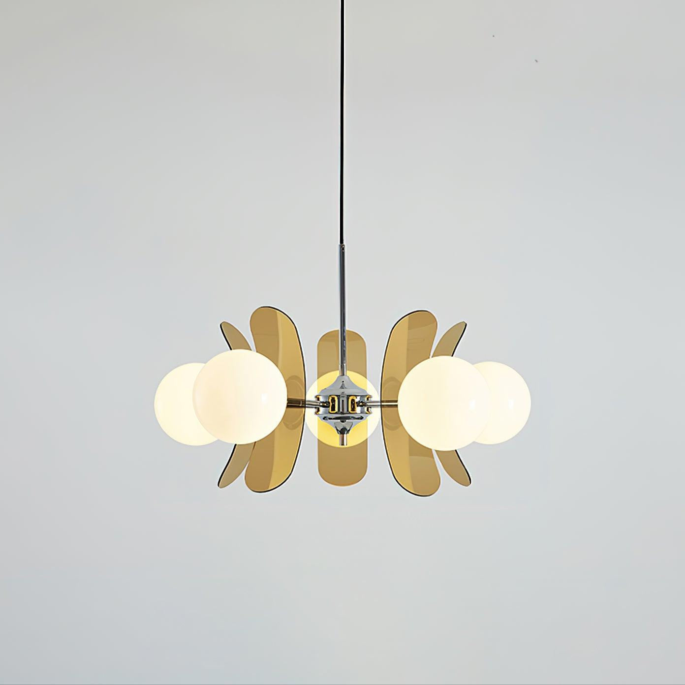 Iron Sputnik chandelier with warm-toned glass shades