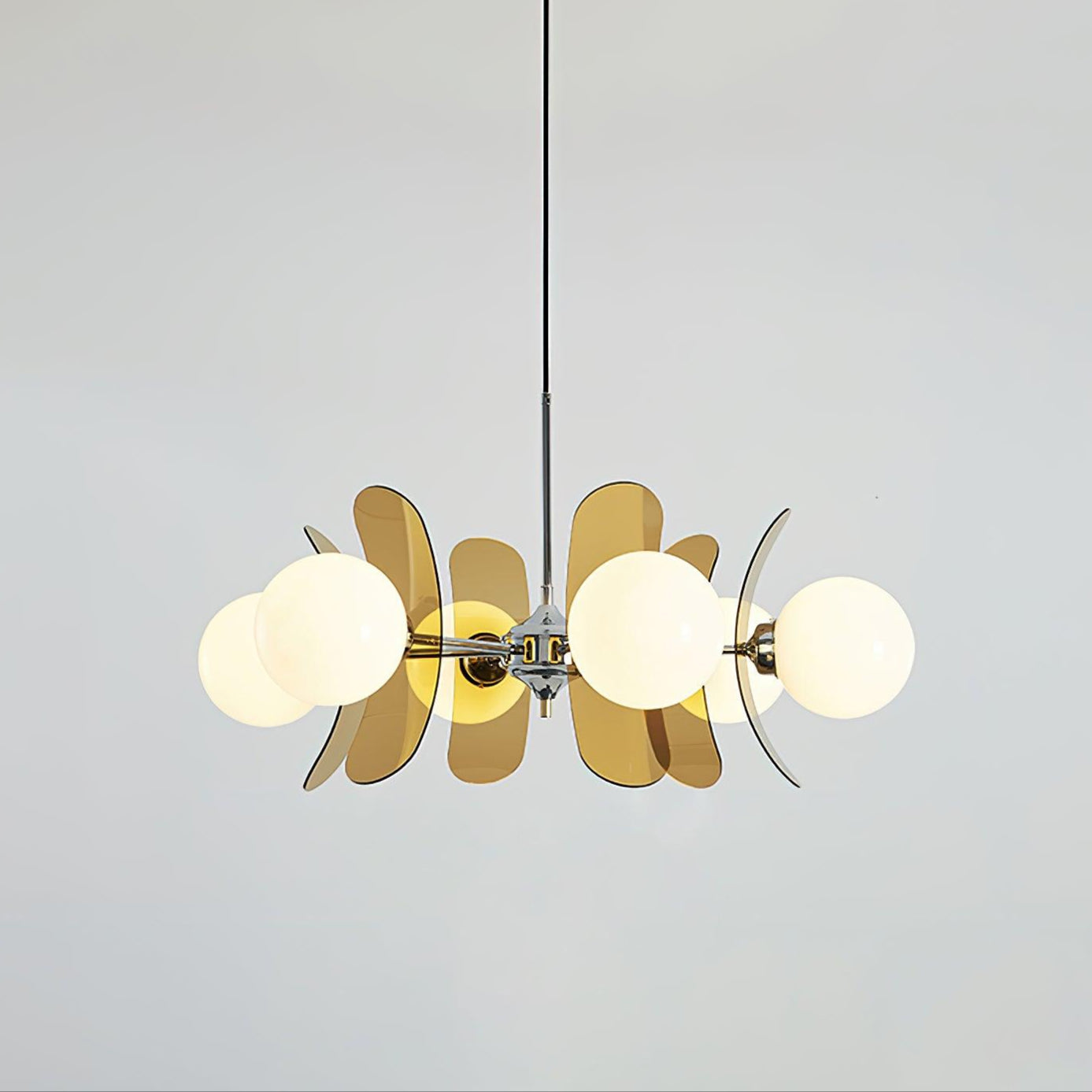 Chrome and iron chandelier with multiple glass shades