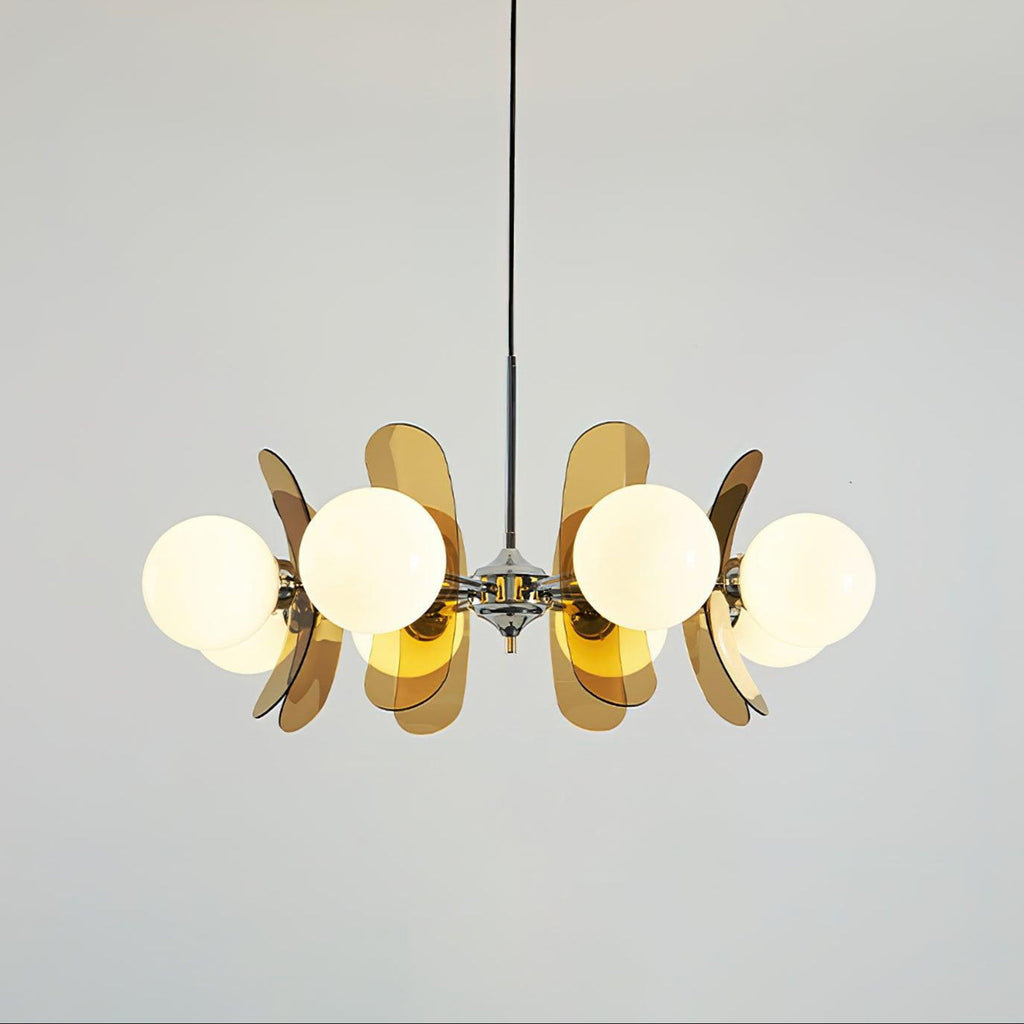 Multi-arm iron chandelier with chrome finish and glass globes