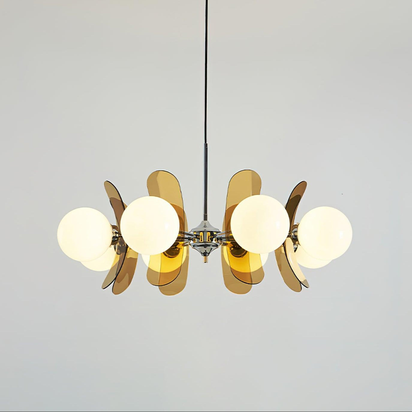 Multi-arm iron chandelier with chrome finish and glass globes