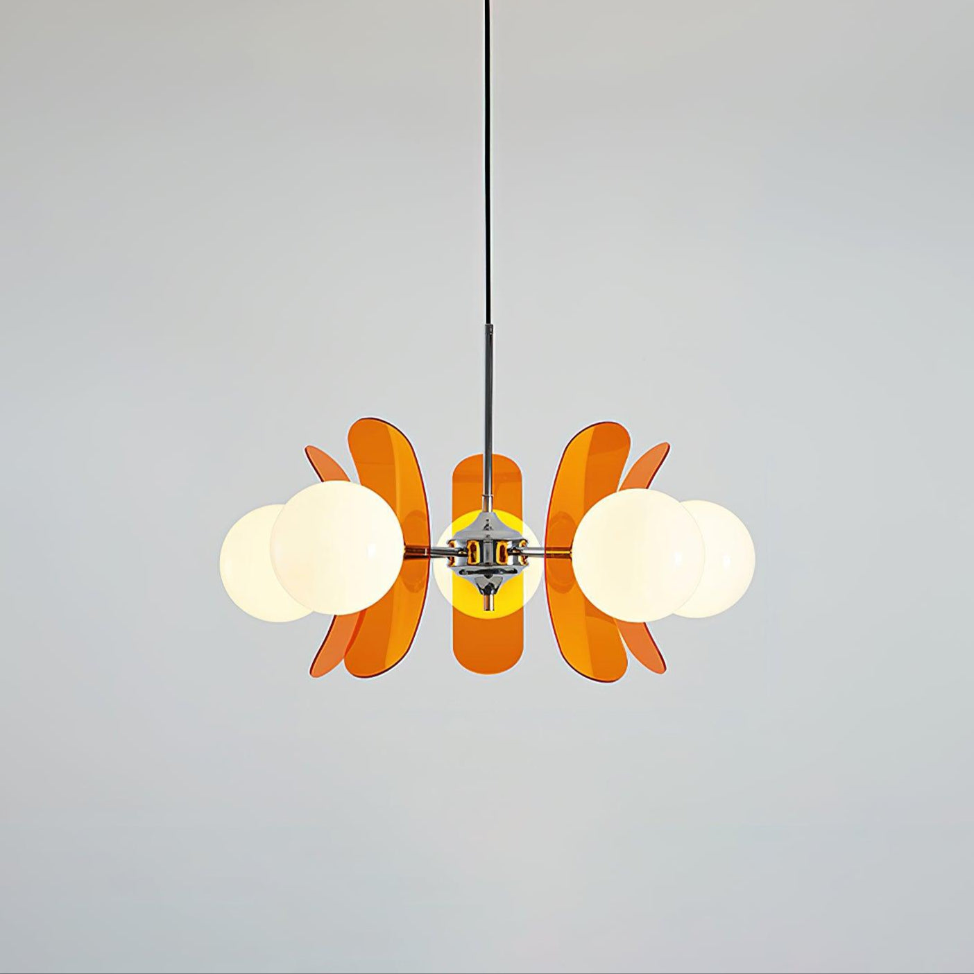 Sputnik-style chandelier with radiating arms and soft glow