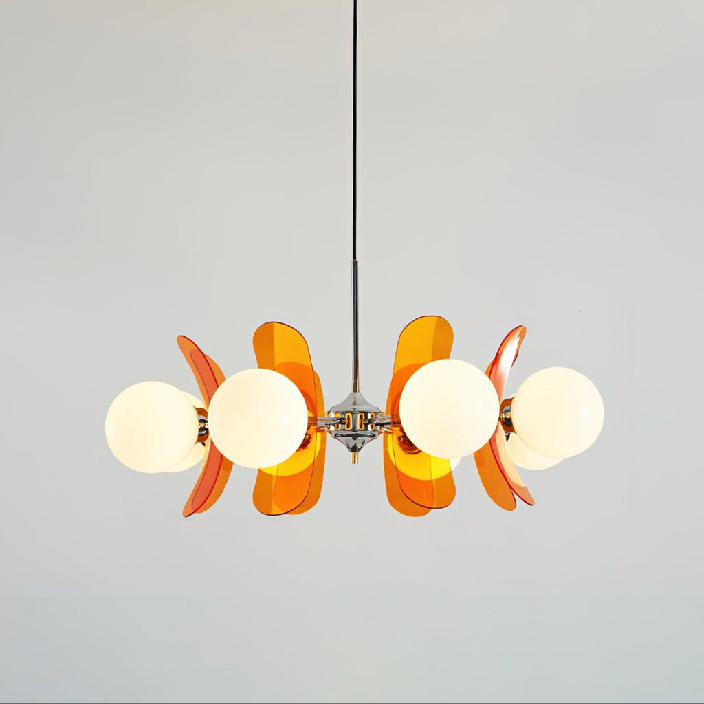 Sputnik chandelier glowing with warm light in interior