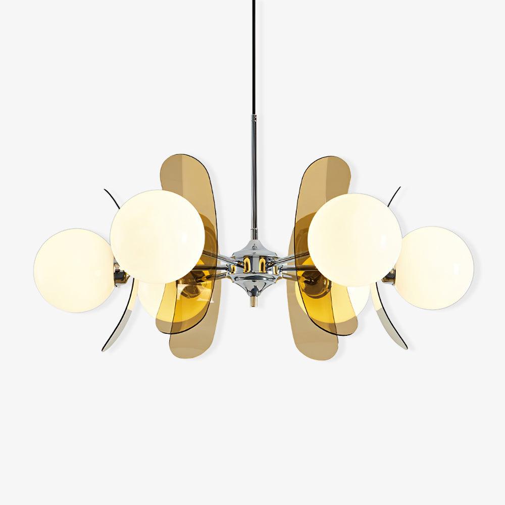 Sputnik chandelier with radiating arms and warm glass shades