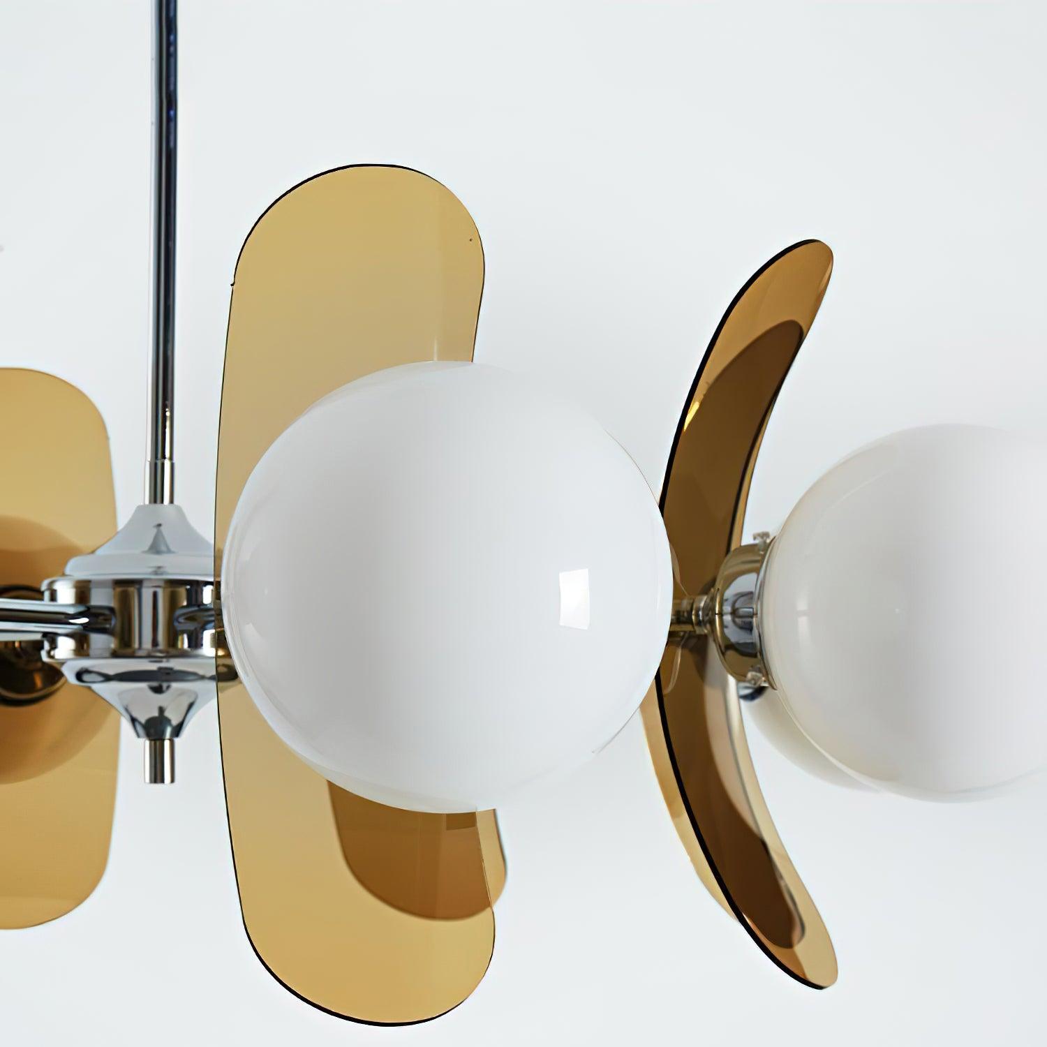 Multi-arm iron chandelier with warm-toned glass shades