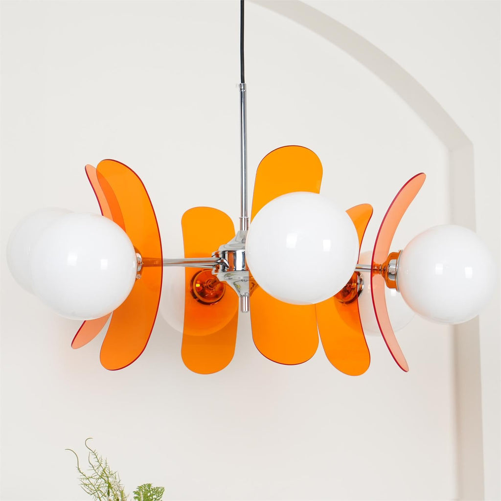 Chrome Sputnik chandelier with warm-toned glass shades