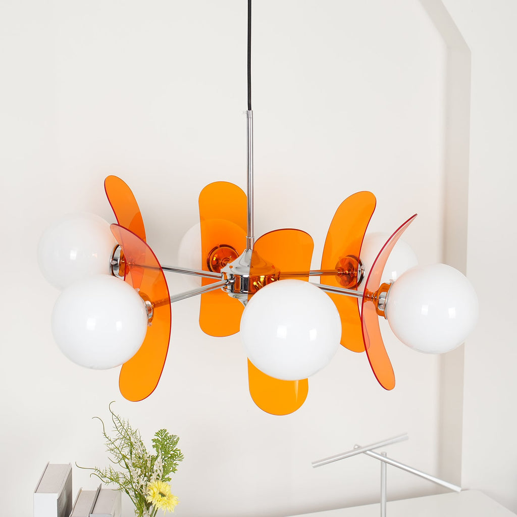 Sputnik chandelier with radiating iron arms in living room