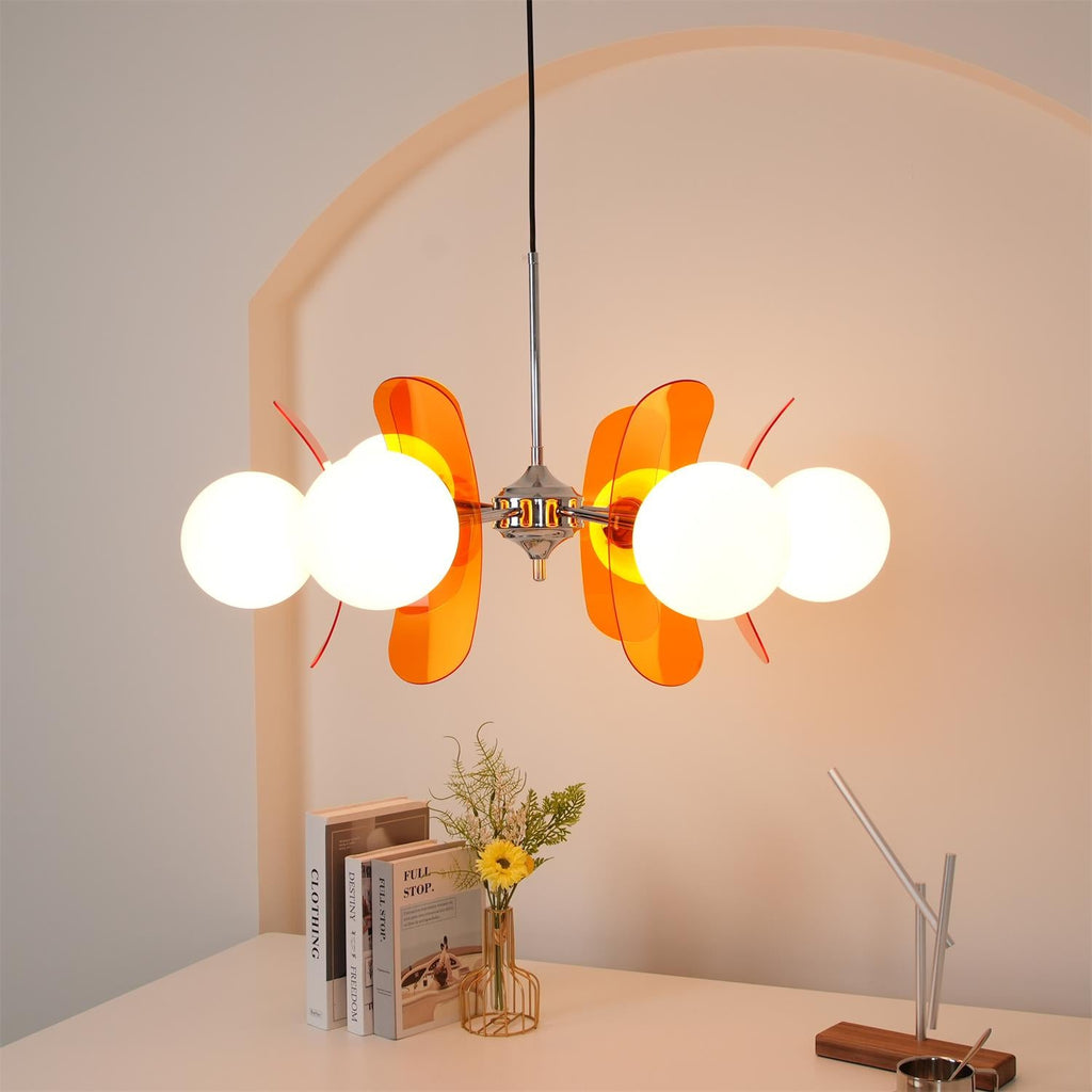 Sputnik chandelier with chrome core and warm glass shades