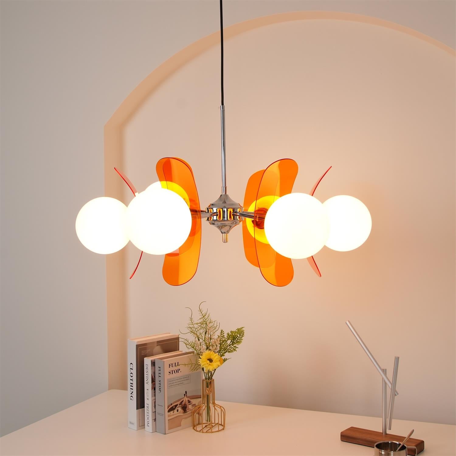 Sputnik chandelier with chrome core and warm glass shades