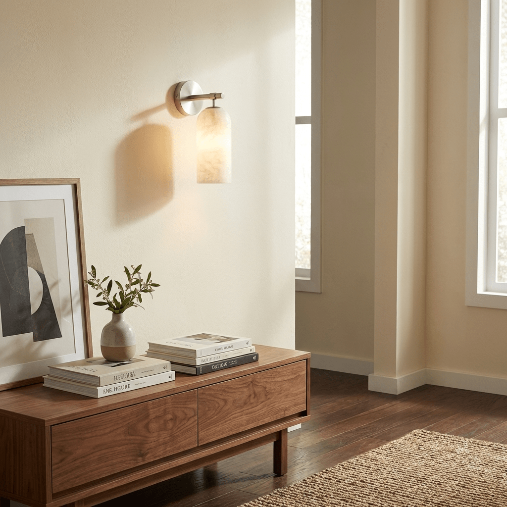 Translucent alabaster wall light with gold arm and warm light