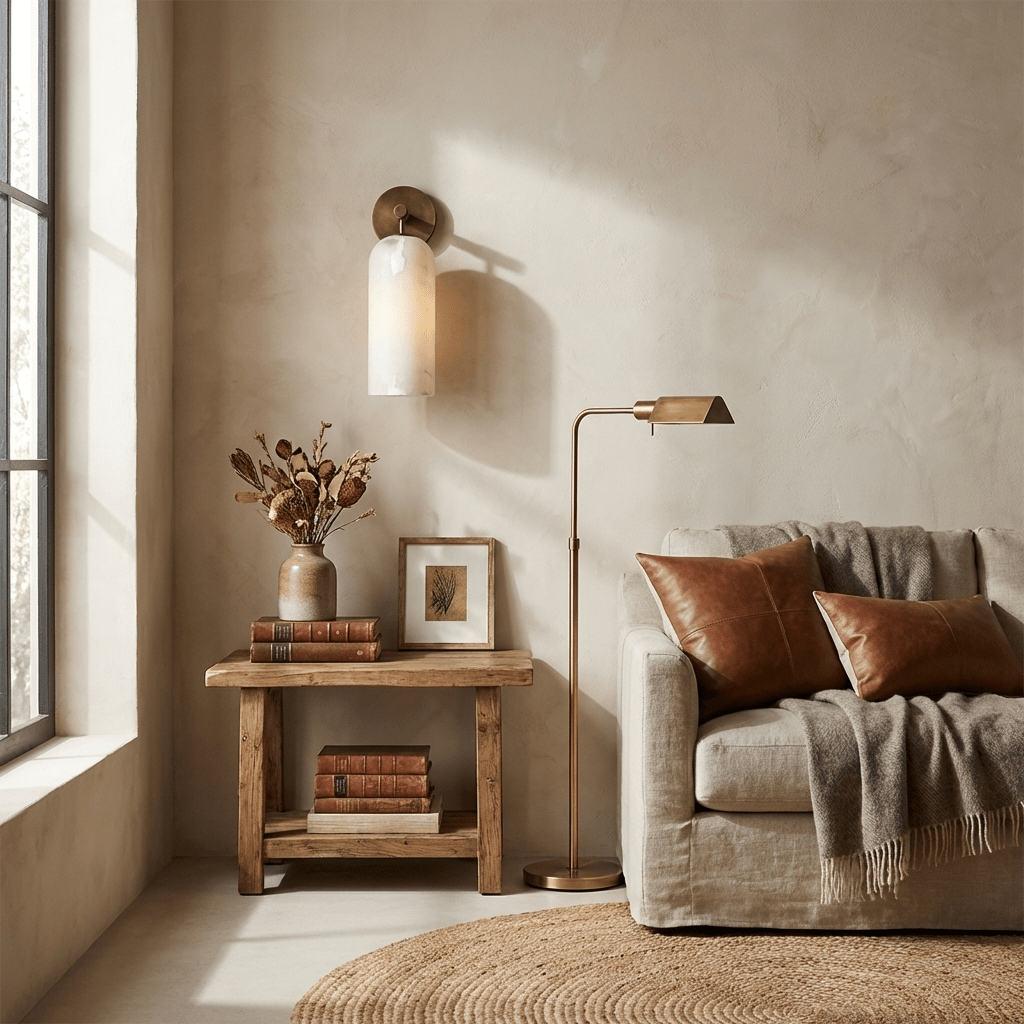 Minimal alabaster pillar sconce glowing softly in a styled room