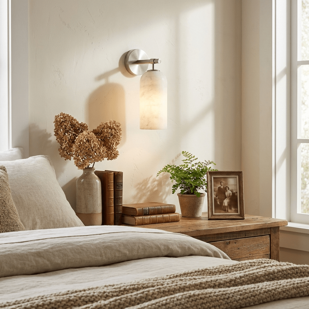 White alabaster pillar wall light with warm translucent glow