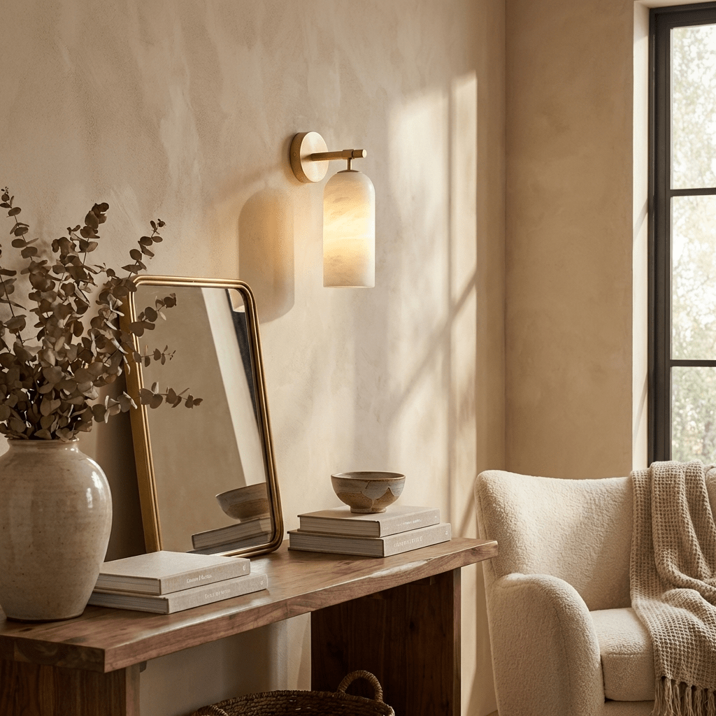 White alabaster pillar wall sconce mounted in a refined interior