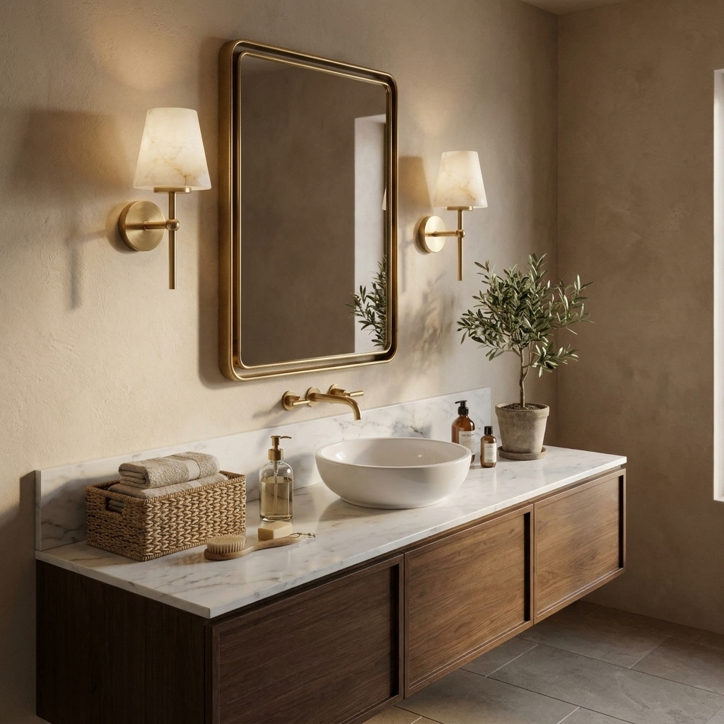 Framing a brass-edged mirror over a vessel sink, two brushed brass Clérachic wall lights light a walnut vanity.
