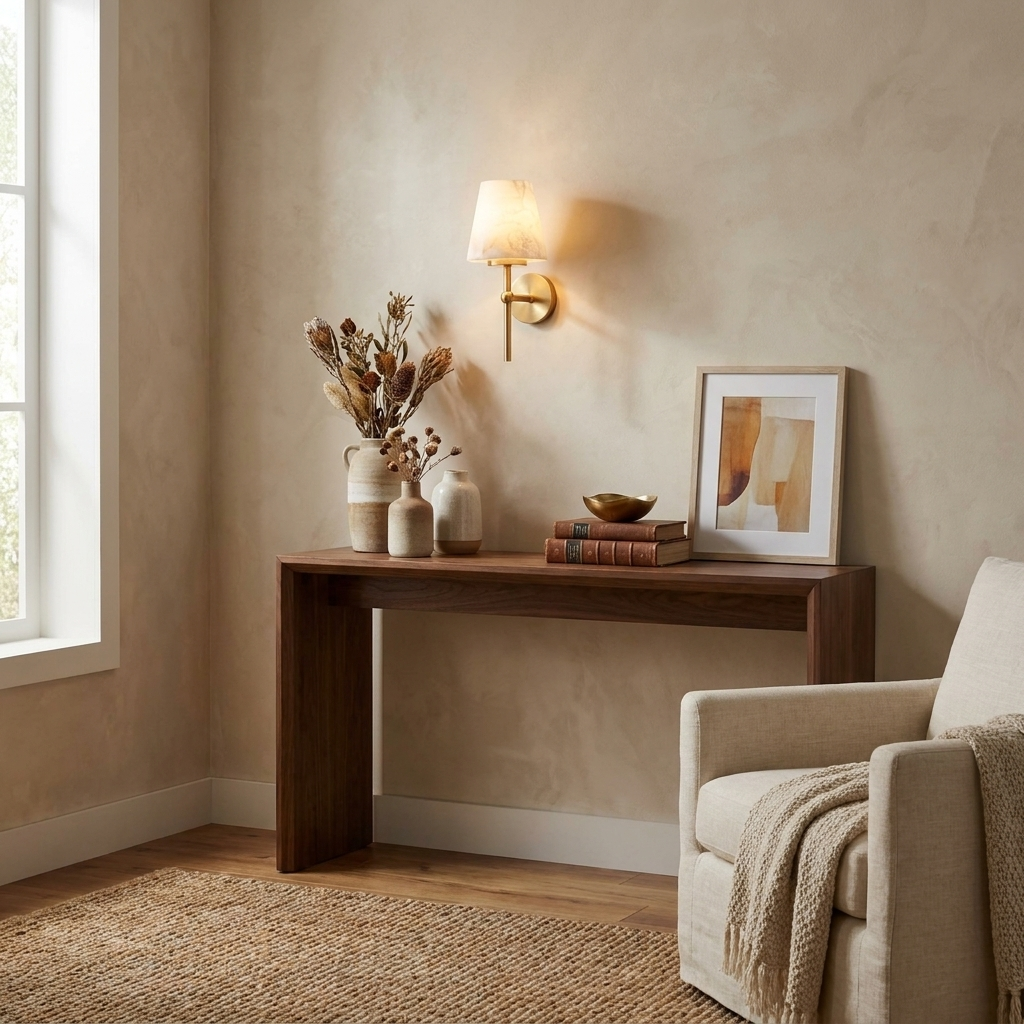 Lit warm above a walnut console table, this Clérachic wall light sits beside a cream armchair and dried florals.