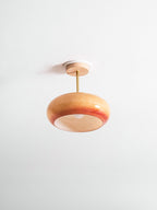 Plafonnier ceiling light orange disc shade with natural wood frame