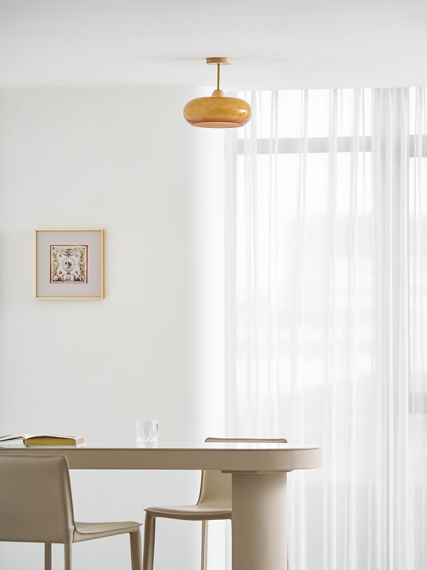 Plafonnier ceiling light orange finish detail with wood frame edge