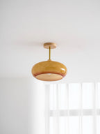 Loftlampe Plafonnier, Bauhaus glasplade, ramme i naturligt træ, E27