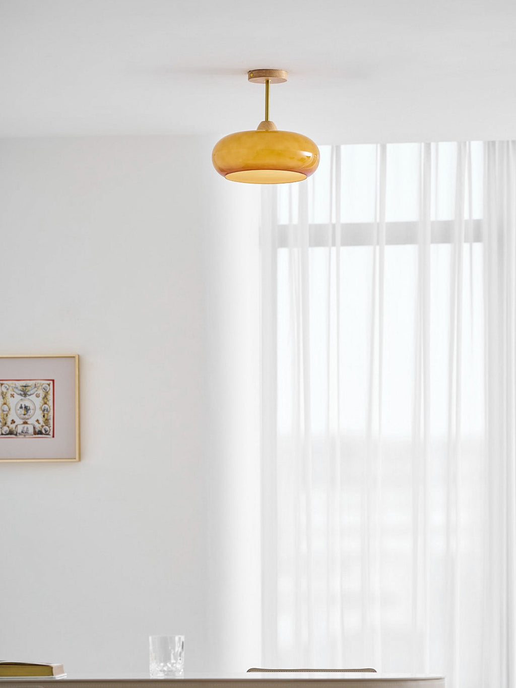 Loftlampe Plafonnier, Bauhaus glasplade, ramme i naturligt træ, E27