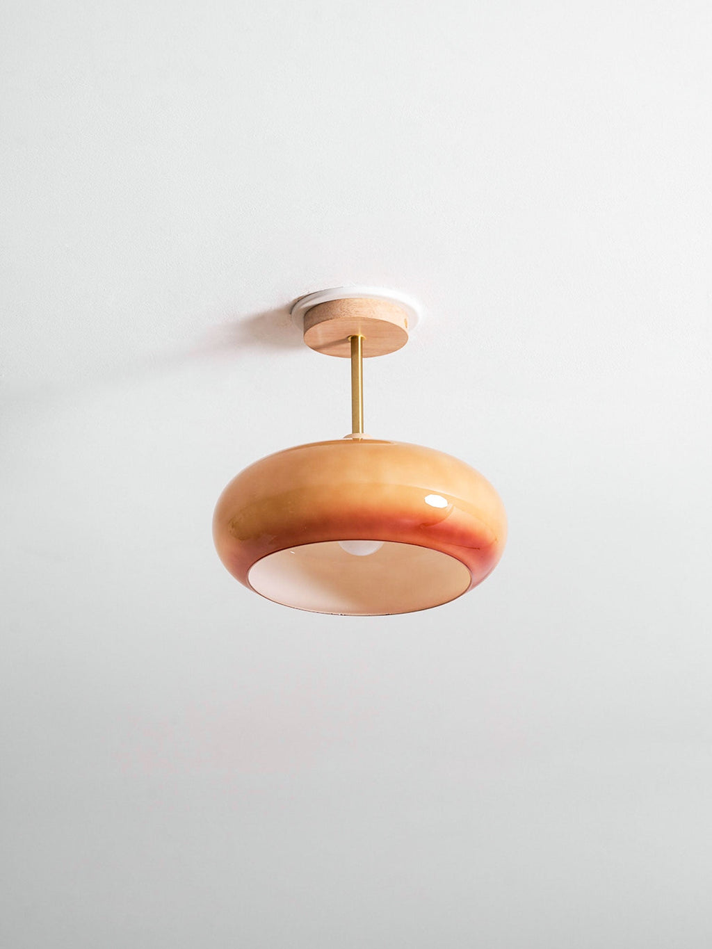 Loftlampe Plafonnier, Bauhaus glasplade, ramme i naturligt træ, E27
