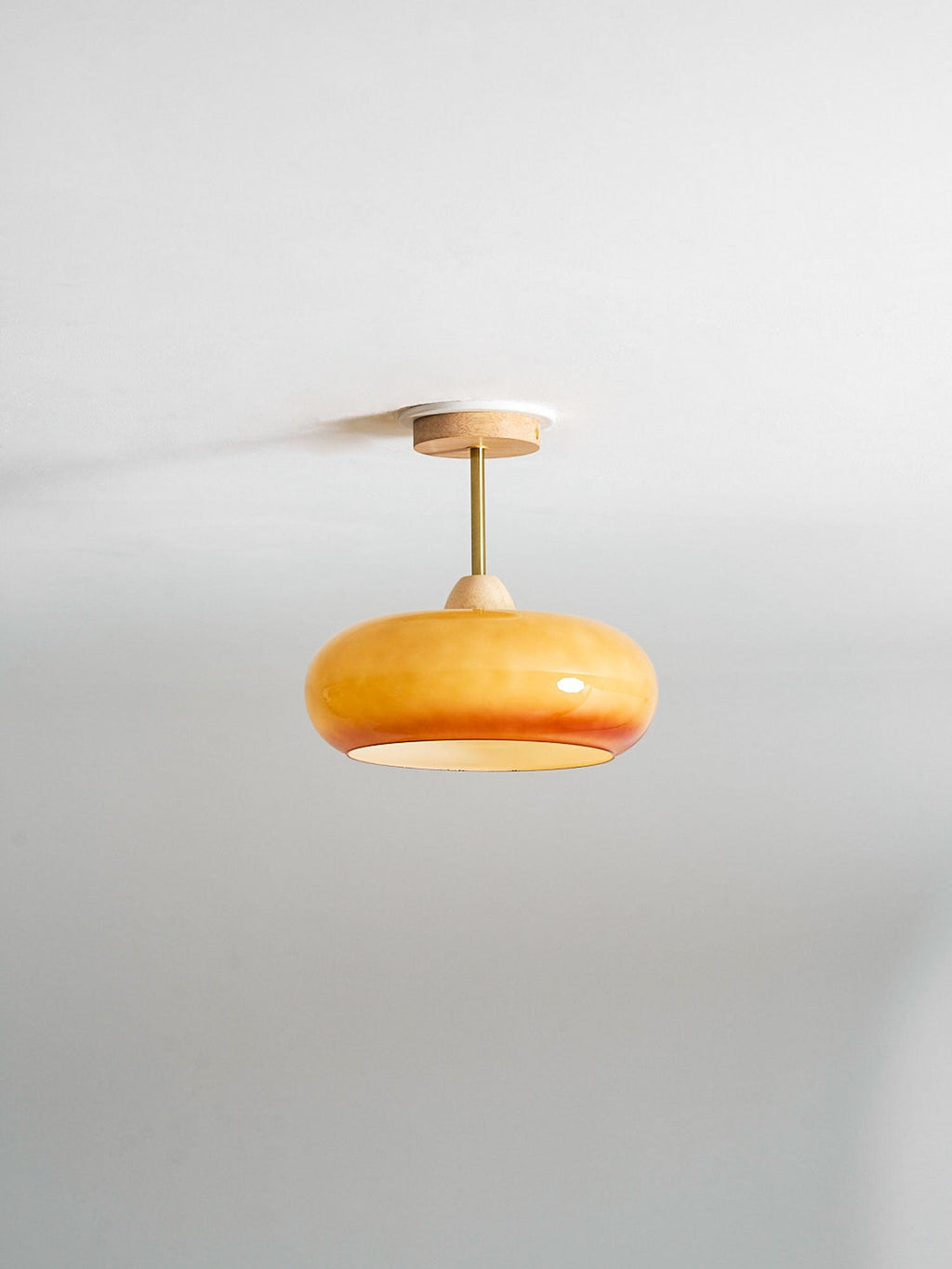 Loftlampe Plafonnier, Bauhaus glasplade, ramme i naturligt træ, E27