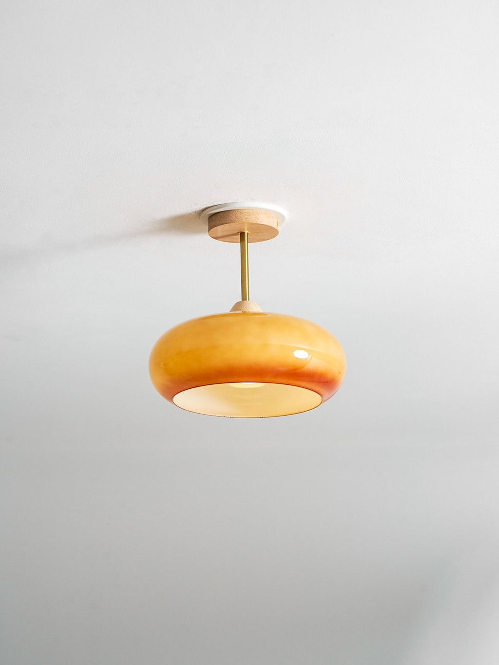 Loftlampe Plafonnier, Bauhaus glasplade, ramme i naturligt træ, E27