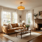 Plafonnier ceiling light with wood frame and disc shade rendered in white