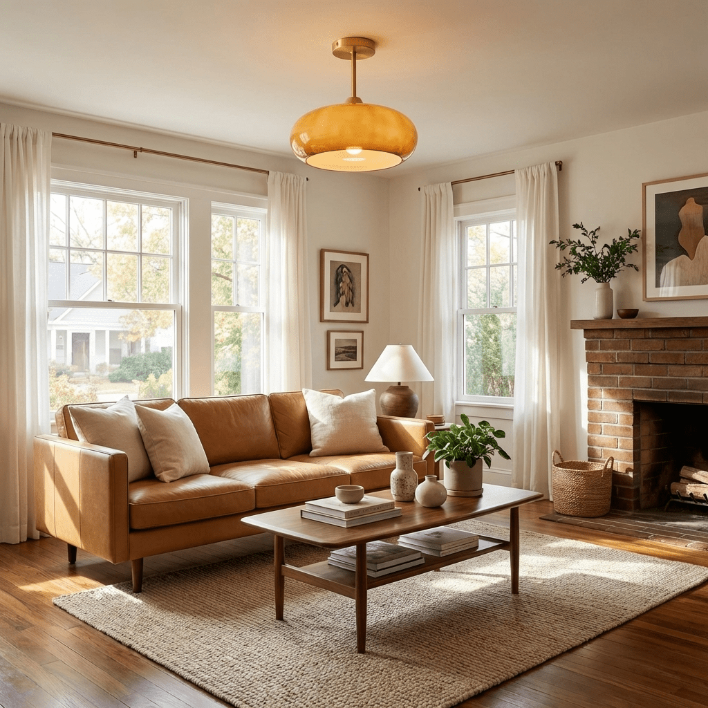 Plafonnier ceiling light with wood frame and disc shade rendered in white