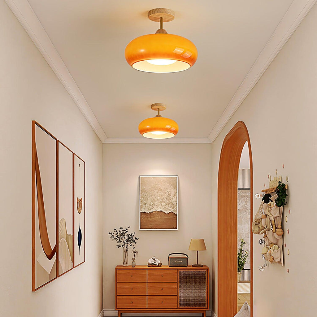 Plafonnier ceiling light side profile of the glass disc and wood frame
