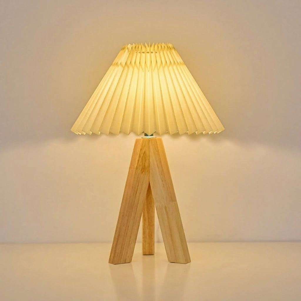 Nordic Style Pleated Table Lamp With Wooden Tripod Base, 15-Inch Height