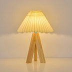 Nordic Style Pleated Table Lamp With Wooden Tripod Base, 15-Inch Height