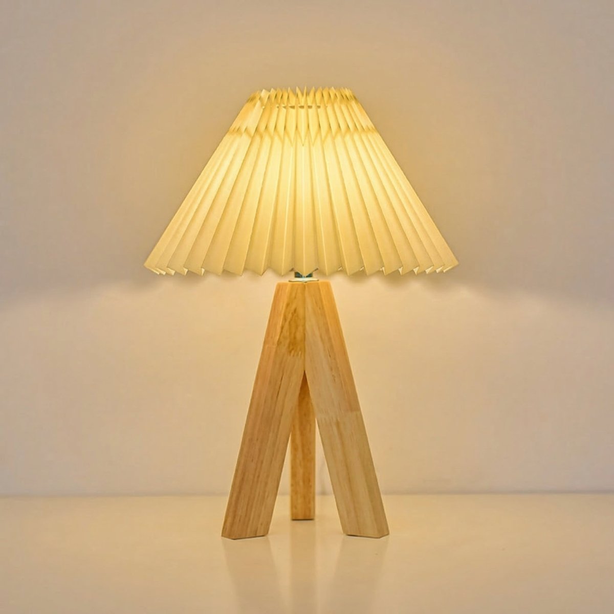 Nordic Style Pleated Table Lamp With Wooden Tripod Base, 15-Inch Height