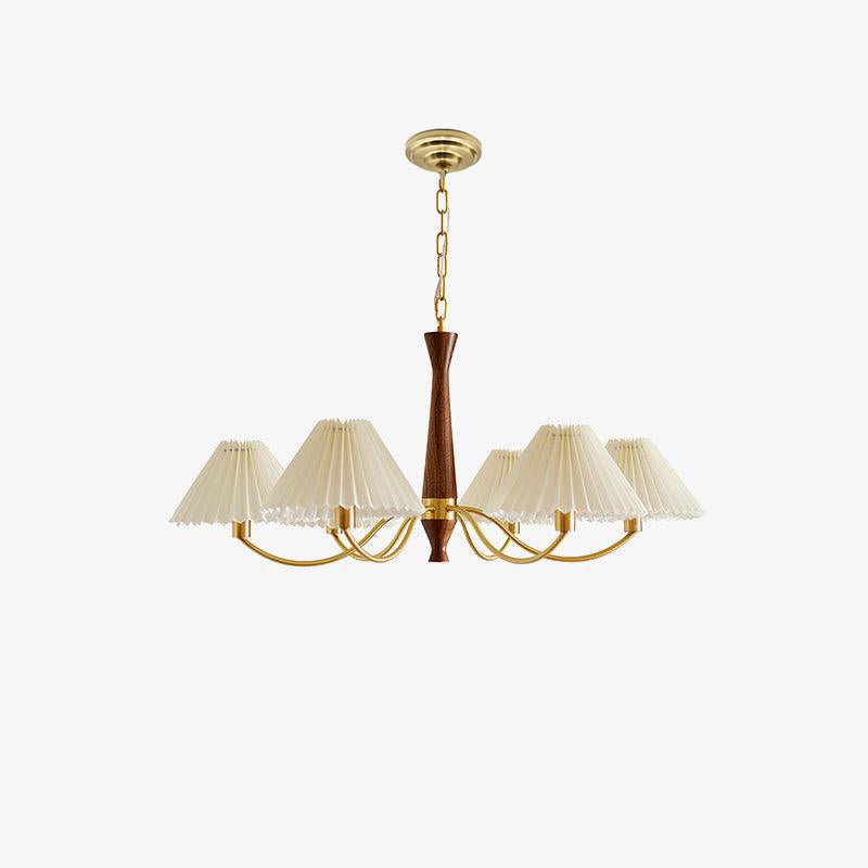 Full product view of this Clérachic chandelier, its ceiling plate, chain and pleated shades shown isolated on a light background.