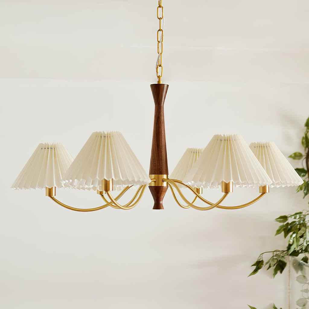 Seen head-on, this Clérachic chandelier's pleated shades fan out in an even row beneath a turned walnut centre.
