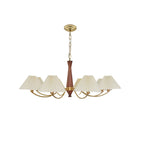 The full row of pleated shades on this Clérachic chandelier is shown isolated on white, walnut column at its centre.