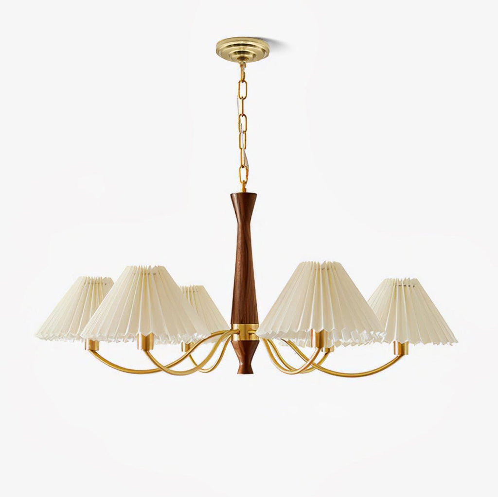 Product shot of this Clérachic chandelier isolated on white, its walnut column and pleated shades held by curved brass arms.