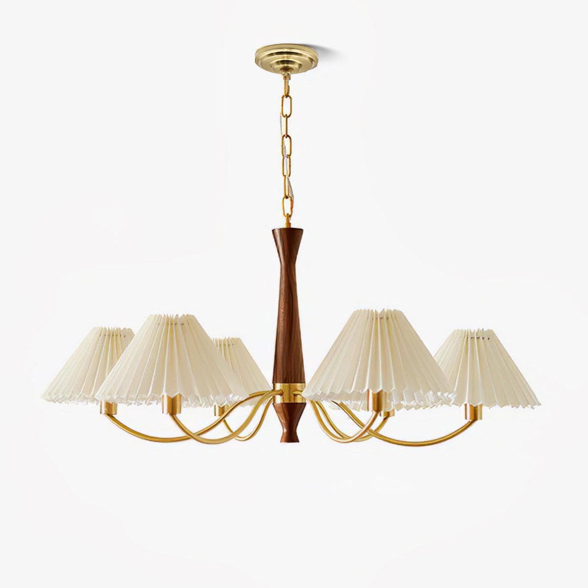 Product shot of this Clérachic chandelier isolated on white, its walnut column and pleated shades held by curved brass arms.