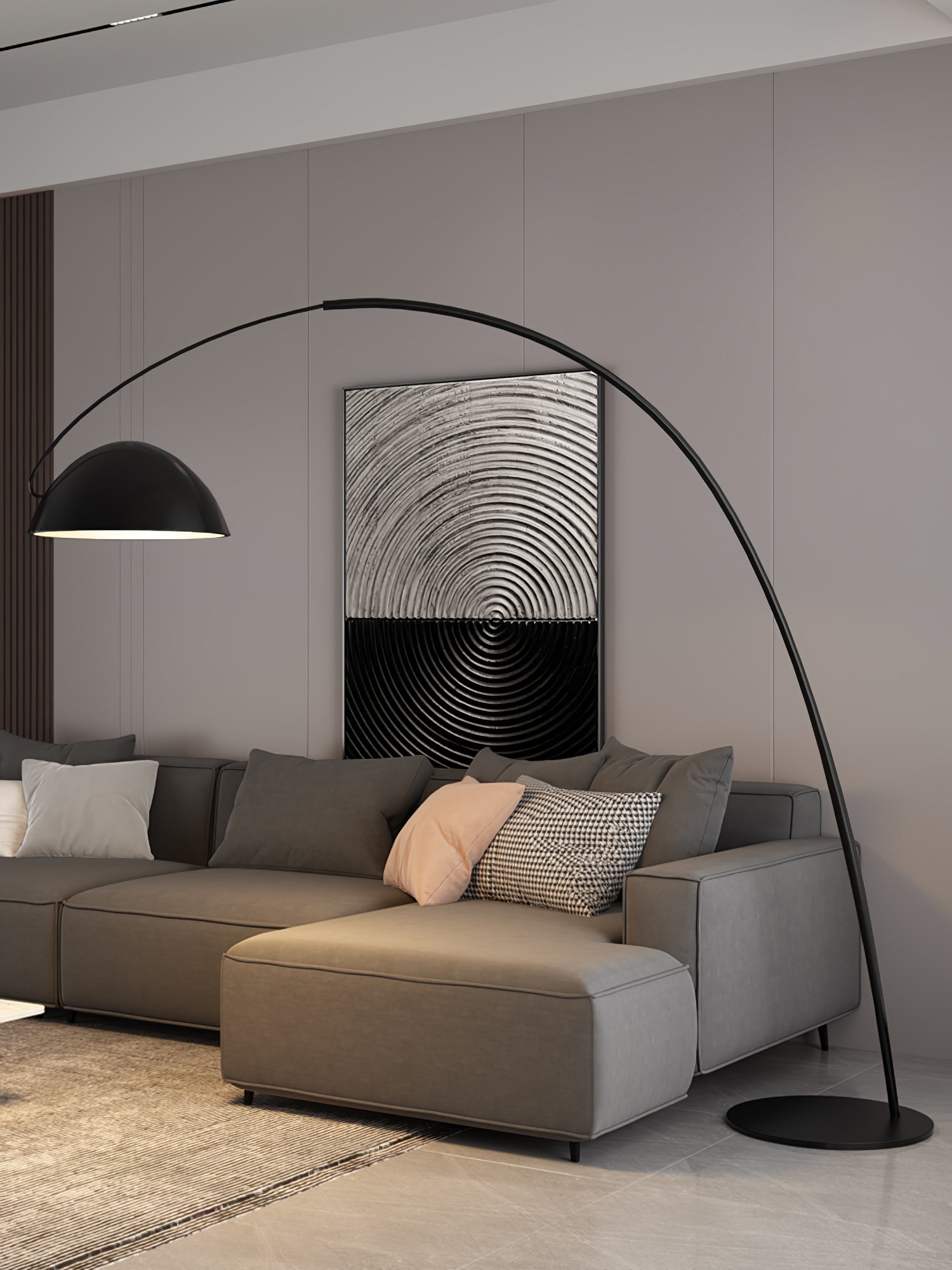 Verse arc floor lamp arcing over a coffee table