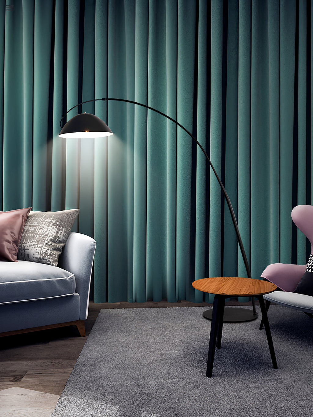 Verse arc floor lamp arcing across a modern interior
