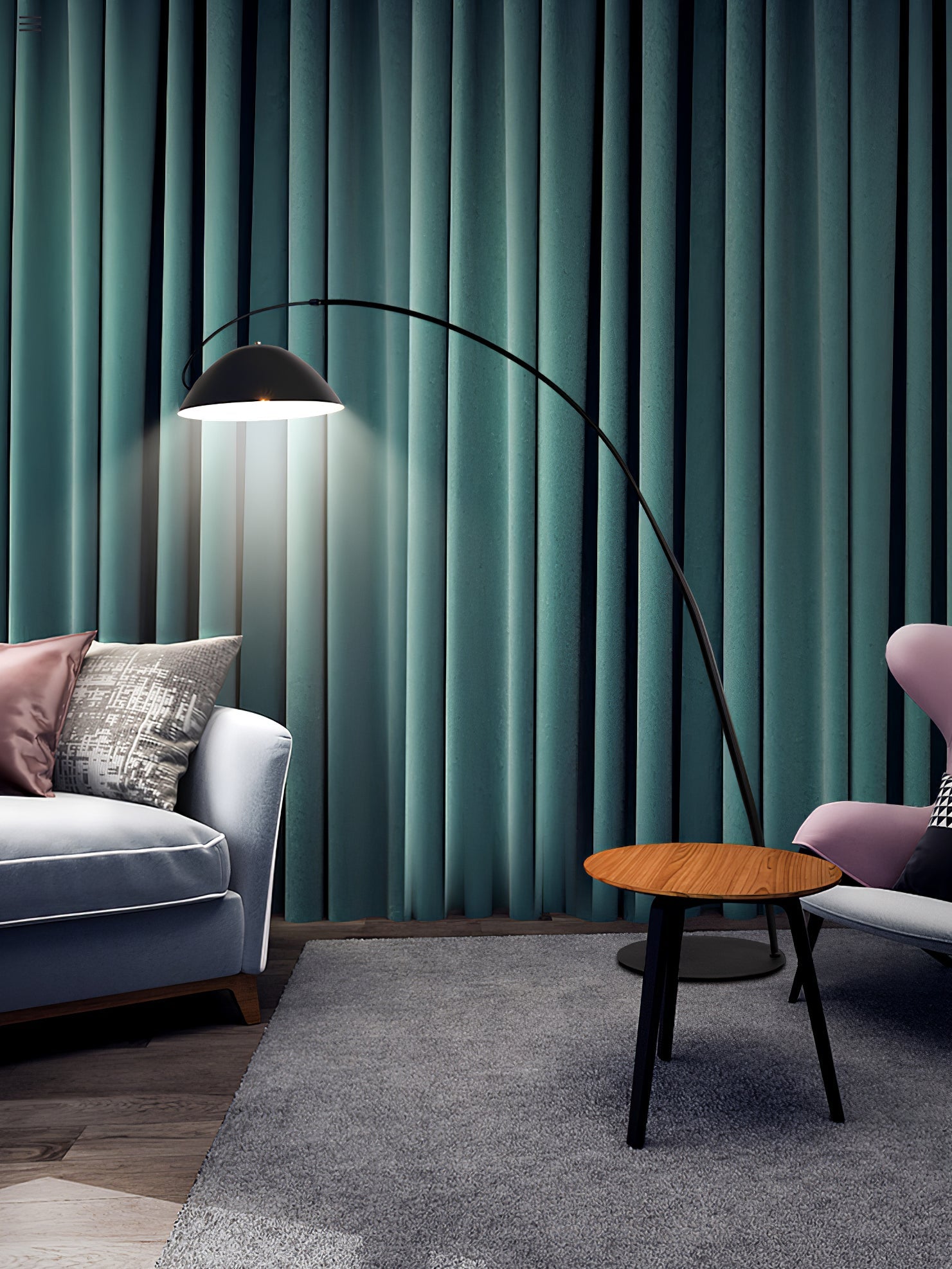 Verse arc floor lamp arcing across a modern interior