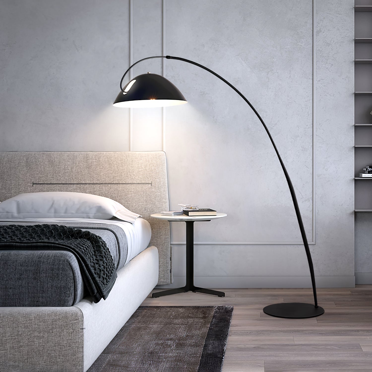 Verse arc floor lamp standing beside a window