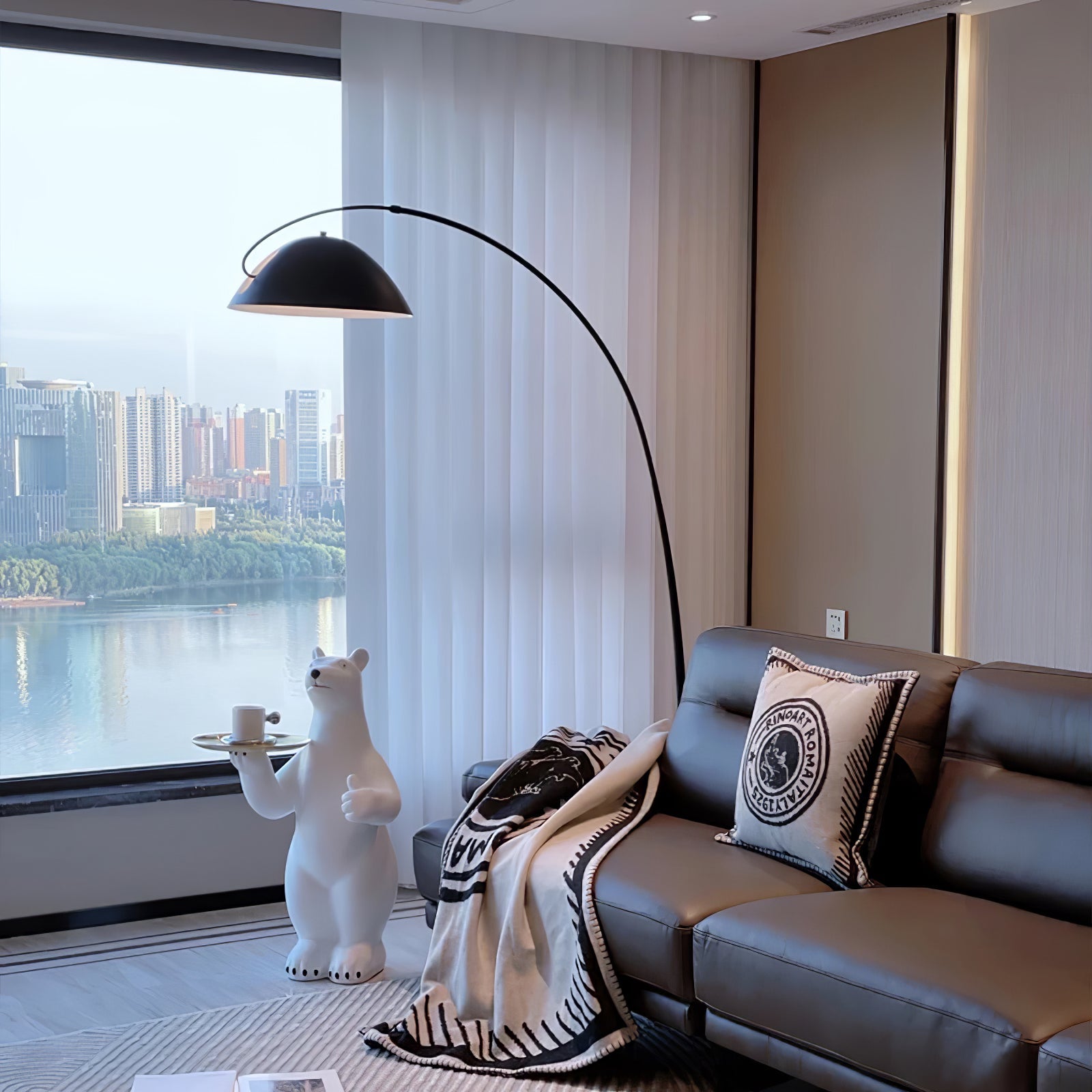 Verse arc floor lamp full silhouette in a calm interior